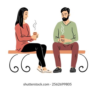 A young couple is resting on a bench. A man and a girl are drinking coffee. People lifestyle, recreation and leisure. Happy family. Flat vector art illustration isolated on white background