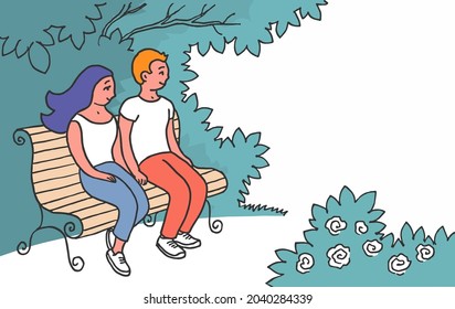 Una pareja joven está descansando en el parque. Un hombre y una chica están sentados en un banco bajo un árbol. Ilustración de arte vector con lugar para texto