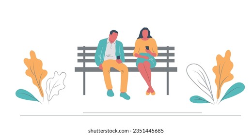 Una pareja joven descansando en el parque. Hombre y niña sentados en un banco y miren sus teléfonos. El roble sale de aquí. Piel plana. Ilustración del vector
