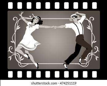 Young couple in retro attire dancing in an old movie frame, EPS 8 vector illustration, no transparencies