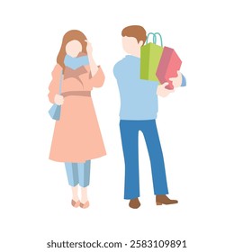 A young couple returning from shopping, carrying shopping bags, symbolizing retail therapy or a joyful shopping experience.