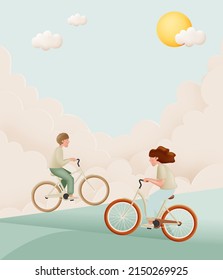 Jóvenes parejas montan bicicletas para el día mundial de la bicicleta y día libre de automóviles en el esquema de colores pastel ilustración de arte vectorial