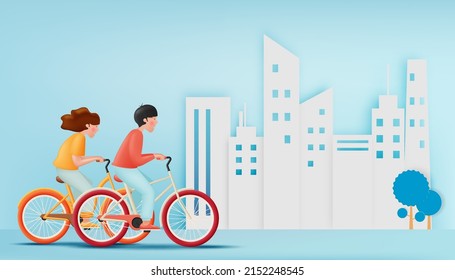 Young couple ride bicycles for world bicycle day and car free day in pastel color scheme concept art vector illustration