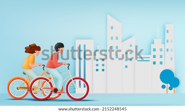 Young\
couple ride bicycles for world bicycle day and car free day in\
pastel color scheme concept art vector\
illustration