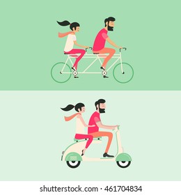 Young couple riding bicycle and motorbike set