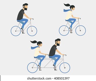 Young couple riding bicycle set