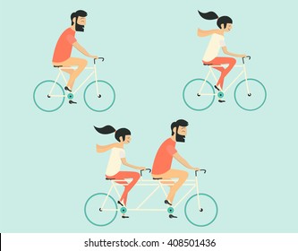Young couple riding bicycle set
