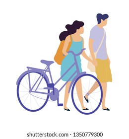 Young couple riding bicycle. Vector isolated illustration