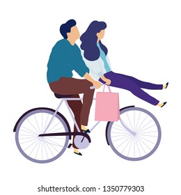 Young couple riding bicycle. Vector isolated illustration