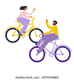 Young couple riding bicycles. Friends man and woman on bikes greeting each other waving. Flat vector illustration