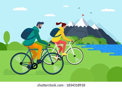 Young couple riding bicycles in mountains. Boy and girl bicyclists with backpacks on bikes travel in nature. Male and female cyclists active recreation on hill lake and forest vector eps illustration