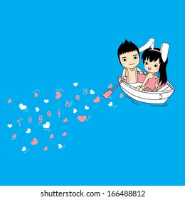 Young couple riding in a boat. Romantic date.