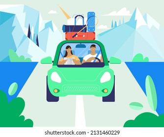 Young couple riding a car on a vacation trip. Man drives car with luggage, girl on passenger seat holding a map for navigation. Mountains landscape background. Vector illustration in flat style