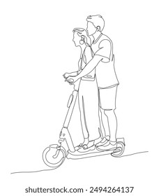 Young couple riding electric scooter. Side view. Black and white vector illustration in line art style.