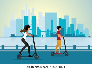 Young couple riding electric scooters with cityscape background