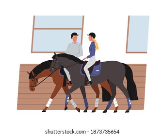 Young couple riding horses. Scene of horseback and active recreation. Cheerful horseman and horsewoman training together. Vector illustration of equestrian and equestrienne in flat cartoon style