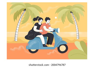 Young couple riding moped on road by sea. Happy man and woman on scooter going on trip flat vector illustration. Romance, holiday, summer concept for banner, website design or landing web page