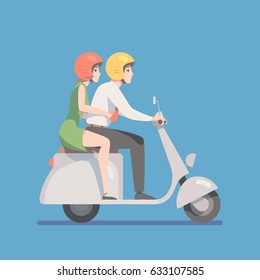 Young couple riding motor scooter. Lovers  driving moped. Vector flat cartoon side view illustration. 