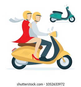 Young couple riding old scooter motor bike.
Side view scooter and female passenger and male driver flat style vector illustration.