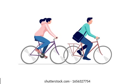 Young couple riding on bicycle. Vector illustration.