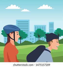 young couple riding on bike and rolling skates cartoon in the city urban scenery background ,vector illustration graphic design.