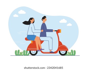 Young couple riding red scooter together on cheerful and romantic date trip. journey to the destination. Character designs. Vector flat illustration