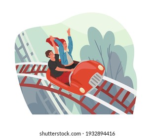 Young Couple Riding Roller Coaster Car In Amusement Park. Happy People On Top Of Rollercoasters. Freedom And Success Concept. Colored Flat Cartoon Vector Illustration Isolated On White Background