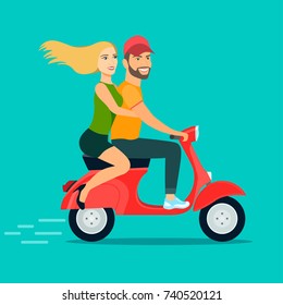 Young couple riding a scooter. Vector flat style  illustration
