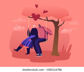 Young Couple Riding Seesaw In Park Outdoors. Happy Woman and Man on Teeterboard Swinging, Flying High on Nature Landscape Background. Romantic Dating Love and Dreams. Cartoon Flat Vector Illustration