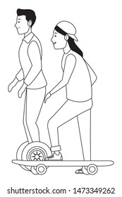 Young couple riding with skateboard and scooter ,vector illustration graphic design.