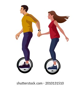 Young couple riding unicycle electric scooters vector image.