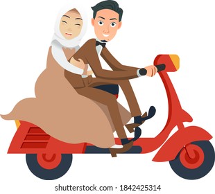 the young couple are riding a Vespa motorcycle