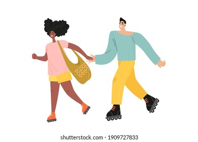 Young couple is rollerblading. Isolated illustration in cartoon style