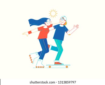 Young couple rollerskating in park