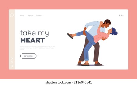 Young Couple Romance Relations Landing Page Template. Man and Woman in Loving or Friendly Relations Spend Time Together, Dance or Kissing. Spouse Lifestyle, Leisure. Cartoon People Vector Illustration