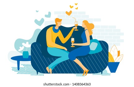Young Couple Romantic Dating at Home. Loving Male and Female Character Sitting on Couch Drinking Beverage from Glasses with Straw. Declaration of Love, Mutual Sympathy Cartoon Flat Vector Illustration