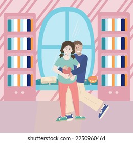 Young couple in a room with a window and bookshelves. Pregnant woman, love in the family. New apartment of the newlyweds