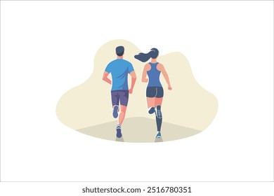 Young Couple Runner Athlete Character In Motion, Rear View. Her Legs In Powerful Strides, Determination Etched On Her Body Posture, Embodies Speed And Grace On Track. Vector Illustration.