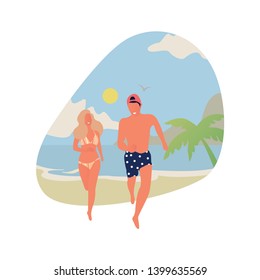 Young couple running at beach. Vector flat illustration