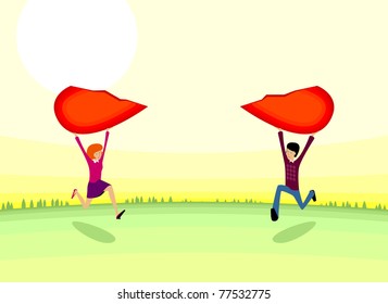 Young Couple Running And Carrying Two Halfs Of Large Heart
