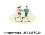 young couple running. Doing cardio exercises together. Active and healthy lifestyle. Time to lose weight. Vector illustration.