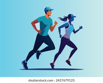 pareja joven corriendo. Haciendo ejercicios cardiovasculares juntos. Estilo de vida activo y saludable. Es hora de perder peso. Vector