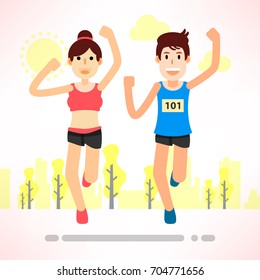 young couple running jogging for marathon race individual sport in the park. Flat character city run training. Happy lifestyle. vector illustration design.