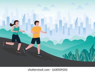 Young couple running or jogging in park city, Healthy lifestyle urban, Flat vector illustration.