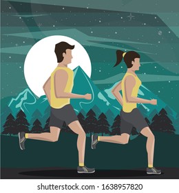 young couple running at night in the field scene vector illustration design