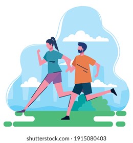 young couple running in the park characters vector illustration design