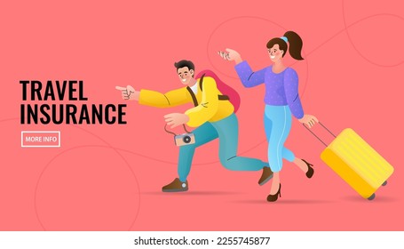 young couple running with suitcases. Travel insurance -medical insurance. Man and woman hurrying to flight at airport terminal. Rushing tourists going on vacation, journey or trip. Vector illustration