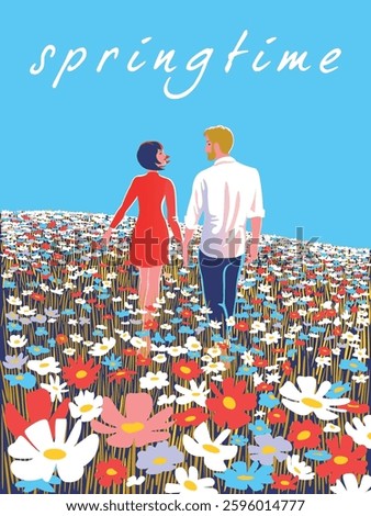 Young couple running through a blooming meadow holding hands. Spring poster or banner. Hand drawn pop art style vector illustration.