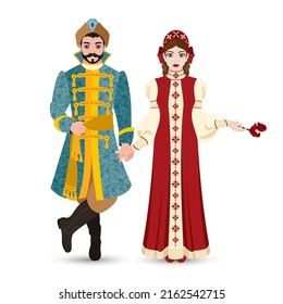 Young couple in Russian national costume on an isolated background. A woman in a kokoshnik and a red sundress with embroidery. A man in an embroidered caftan tied with a sash. Vector illustration.