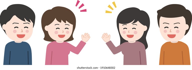 Young Couple Saying Hello To Neighbors With Gestures. Vector Illustration Isolated On White Background.